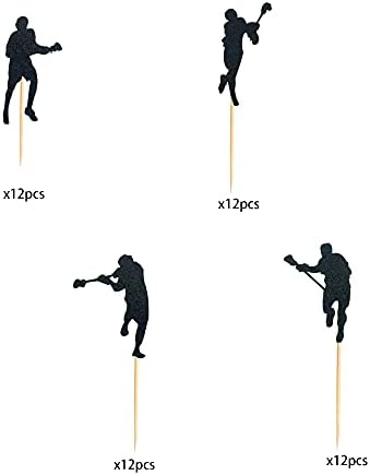 48Pcs Lacrosse Cupcake Toppers Black Glitter Lacrosse Player Cupcake Picks for Boys Ice Lacrosse Sport Themed Birthday Party Decoration