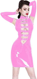Plus Size 7XL Mini Dress with Fingerless Gloves Women PVC Sleeveless Belts Front Novelty Dancing Club Dress,Pink,XXXL