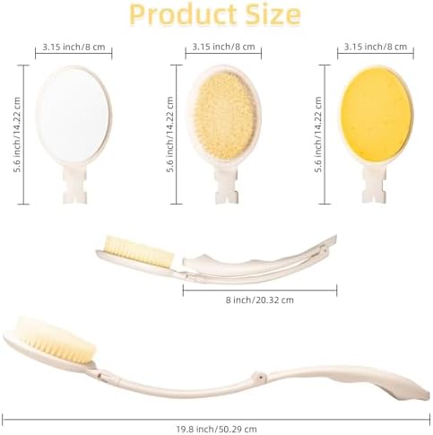LFJ 19" Long Handle Shower Sponge Brush Set, 3 in 1 Body Brush, Bath Sponge and Lotion Applicator Improved Skin Health, Suitable for Men and Women (White Brush-1P)