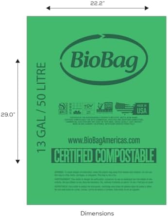 13 Gallon Tall Compostable Thick Trash Bags by BioBag, 30 Count, BPI Certified, Meets ASTM D6400 Standards, Made in USA, Strong Kitchen Bin Liners
