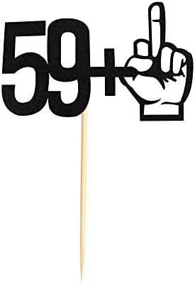 59 +1 Middle Finger Black Glitter Cake Topper - 60th Birthday Party Decorations - Funny Sixty Years Old Birthday Party Supplies