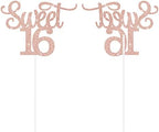 Gexolenu 1 PCS Rose Gold Glitter Double-sided Happy Sweet 16 Cake Toppers,16th Cake Topper, Sweet 16 Birthday Cake Party Supplies, Sweet 16 Decorations for Cake, Sweet 16 Party Decorations