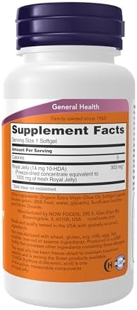NOW Foods Supplements, Royal Jelly 1000 mg with 10-HDA (Hydroxy-D-Decenoic Acid), 60 Softgels