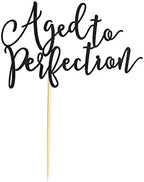 Aged to Perfection Cake Topper, Happy Birthday Engagement Retirement Party Decorations Supplies - Black Glitter