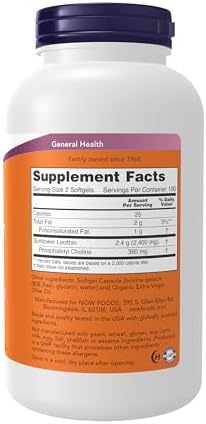NOW Supplements, Sunflower Lecithin 1200 mg with Phosphatidyl Choline, 200 Softgels