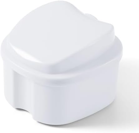 JMU Denture Bath Case with Strainer Basket Soaking Cup & Mouthguard Storage Container (White)