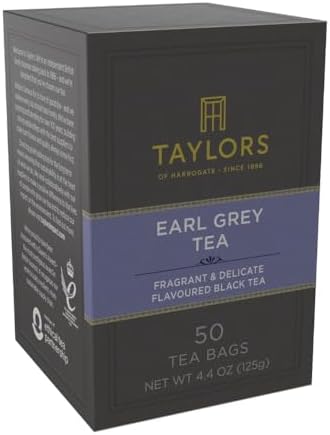 Taylors of Harrogate Earl Grey, Black Tea, Pillow Bags, 50 Count (Pack of 1), Fragrant, Delicate & Light, Caffeinated, Enjoy Hot or Iced, 50 Teabags