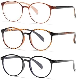 3 Pack Round Reading Glasses for Women/Men, Super Light Blue Light Blocking Readers, Retro Anti Eyestrain Eyeglasses