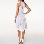 Women's Dress Elegant Halter Sleeveless Cropped Layered Midi Dress Summer Chiffon Solid Color High Waist Slim-Fit Party Dresses (White,XL)
