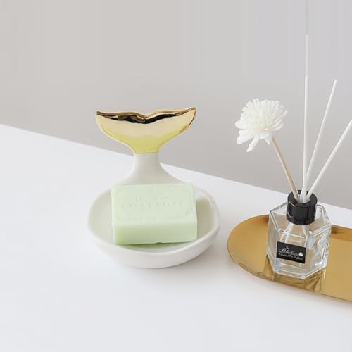 Zerodeko Modern Fishtail Soap Box Ceramic Soap Holder with Draining Tray and Ring Storage for Bathroom Sink and Kitchen Counter 4.72X3.93X3.93 Inches