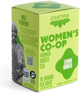 JusTea LEMON GINGER | Herbal Tea Bags, Caffeine-Free, Organic Ginger and Lemongrass Tea | Fair-Trade | Plastic-Free Tea Bags | Vegan, Sugar-Free, Gluten-Free | 16 Tea Bags