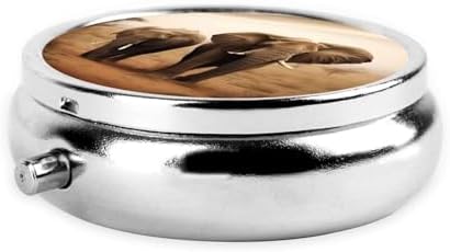 Wild Animals Elephants Print Pill Box 3 Compartment Round Pill Case with Mirror Metal Pill Organizer Travel Pillbox Mini Medicine Storage Box for Pocket Purse