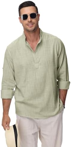 Cotton Linen Shirts for Men Lightweight Casual Long Sleeve Henley Beach Hawaiian Tops