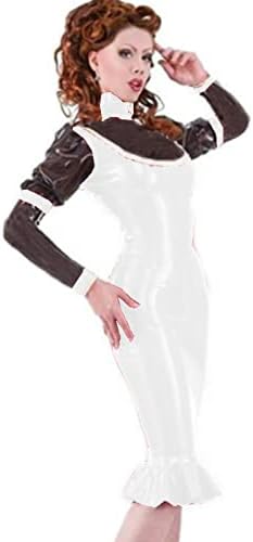 Long Sleeve Ruffles Women Dress Sexy PVC Patent Leather Turtleneck Dress Elegant Party Dress Clubwear for Women,White,XL