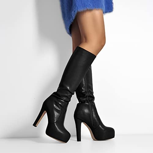 richealnini Women's Low Platform Block High Heel Knee High Boots with Zipper