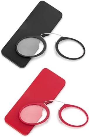 REAVEE 2 Pack Pinch Nose Clip on Reading Glasses Armless for Men Women, No Temple Slim Compact Readers Ultra Thin with Mini Portable Case, Black and Red +2.0