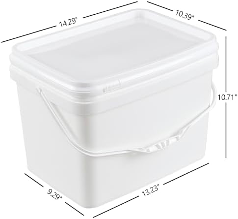 5 Gallon Rectangular Plastic Bucket Pail with Lid, 4 Pack White Square Bucket Pail Container with Handle for Food Storage