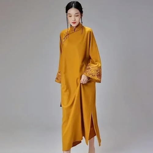 Elegant Yellow Stand Collar Loose Long Sleeve Cheongsam Chinese Tea Ceremony Dress