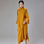 Elegant Yellow Stand Collar Loose Long Sleeve Cheongsam Chinese Tea Ceremony Dress