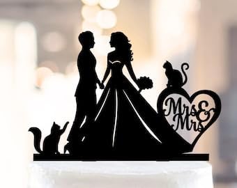 Lesbian Cats Cake topper,Lesbian wedding cake topper,Lesbian silhouette topper with 2 cats,Two Brides Cake Topper,MRS and MRS topper cake,Celebration Party Cake Decoration Supplies.
