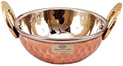bona fide copper Serving Bowl,Stainless Steel Hammered Karahi and bowl Indian Dishes Serve Ware and tableware(7 inch diameter,(500 ml each) with serving spoon,copper bowl small set only for serving