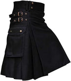 Mens Scottish Kilts Traditional Highland Tartan Utility Kilt High Waist Buckle Strap Pleated Skirt with Cargo Pockets