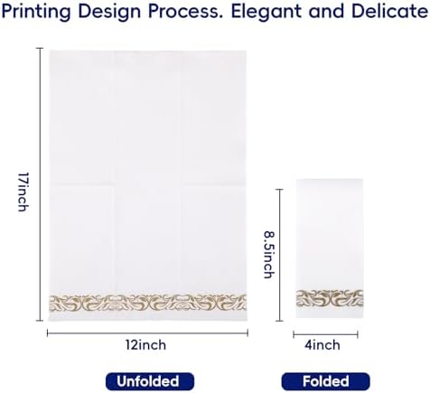 JOLLY CHEF 100 Disposable Hand Towels, Soft and Absorbent Linen Feel Dinner Napkin, Elegant Decorative Paper Guest Towels for Kitchen, Bathroom,Thanksgiving, Weddings,Parties, Gold and White