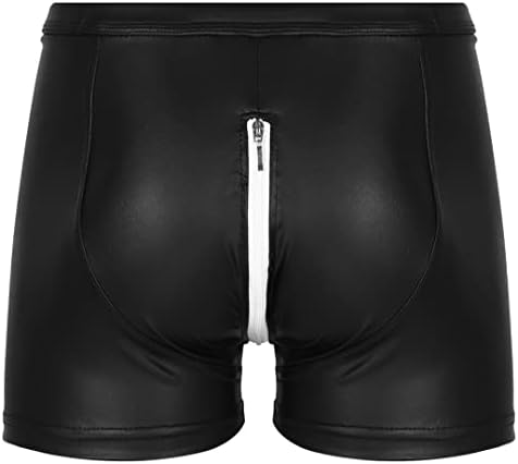 Mens Sexy Open Crotch Leather Short Pants For Sex Latex Zipper Patent Leather Boxer