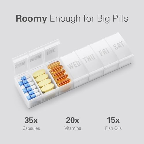 Barhon Pill Organizer Large, Weekly Medicine Pill Organizers, 7 Day Pills Box Case Travel for Big Vitamin Supplements Fish Oil, White