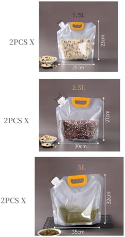 6pcsFood Storage Bags, Grain Moisture-proof Sealed Bag,Stand Up Food Bags Large Reusable Sealed Bag with Handle and Cap BPA Free (2X1.5L+2X2.5L+2X5L)