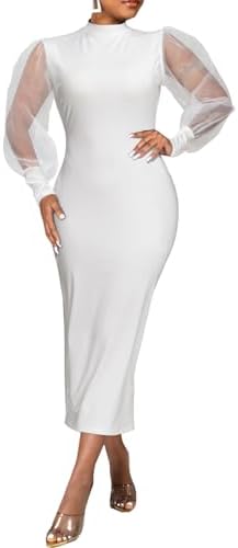 Ekaliy Women's See Through Bodycon Dress Sheer Mesh Long Puff Lantern Sleeve Dress Sexy Club Party Midi Dress Clubwear