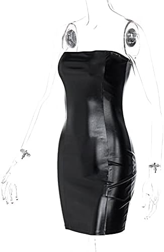 Women Sexy Club Party Strapless Bodycon Pu Leather Black Ruched Latex Dress
