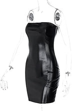 Women Sexy Club Party Strapless Bodycon Pu Leather Black Ruched Latex Dress
