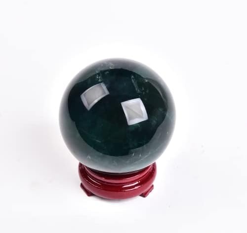 JIC Gem Natural Green Fluorite Quartz Crystal Ball Sphere Healing Crystal Sphere Decorative Ball with Wooden Stand Home Decoration Christmas Day Gifts (70-80mm)