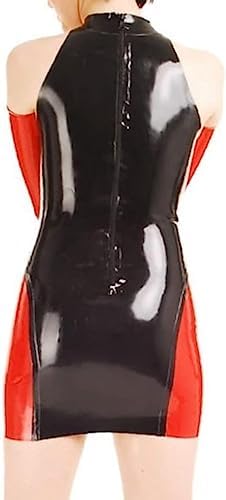 Red and Black Sexy Latex Dress with Back Zipper Glued Breasts Rubber + Gloves,Red and Black,l