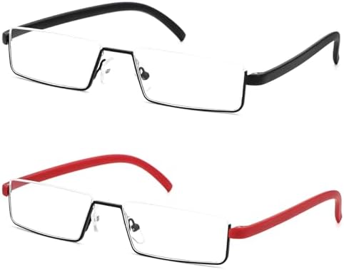 REAVEE 2 Pack Half Reading Glasses for Women Men, Lightweight Half Frame Slim Metal Readers with Portable Case, Black and Red +2.25