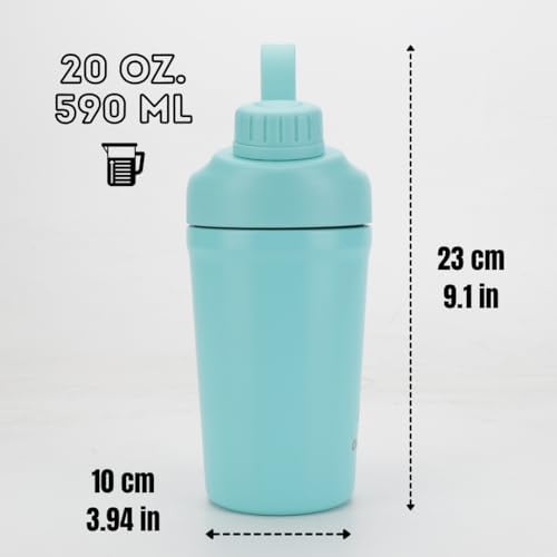 Ozizo Stainless Steel Shaker Bottle with 2 Springs, Insulated Shaker Cup for Protein Mixes, 20 oz, Cyan