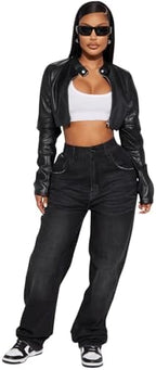 Women's Faux Leather Jacket Cropped Leather Jacket Women Bomber Motorcycle Jacket y2k Jacket