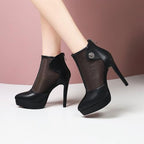 12.5CM Women's Mesh Platform Stiletto Heel Ankle Booties Pointed Toe Back Zipper Rhinestone Heels