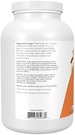 NOW Foods Supplements, Whole Psyllium Husks, Certified Organic, Non-GMO Project Verified, Soluble Fiber, 12-Ounce
