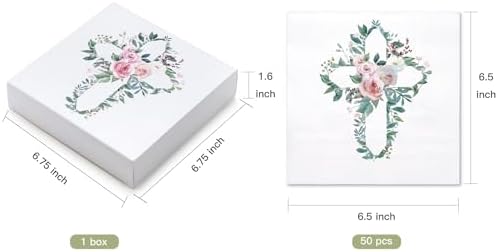 WRAPAHOLIC 50Pcs Floral Baptism Napkins - 3 Ply Floral Cross Disposable Paper Luncheon Napkins for Christening Religious, First Communion, Newborn Baby Shower Party Supplies - 6.5 x 6.5 In