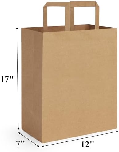 BagDream 12x7x17 50Pcs Large Paper Grocery Bags with Handles Kraft Brown Gift Bags for Shopping Retail Merchandise Flat Handles Recycled Takeout/to Go Barrel Sacks