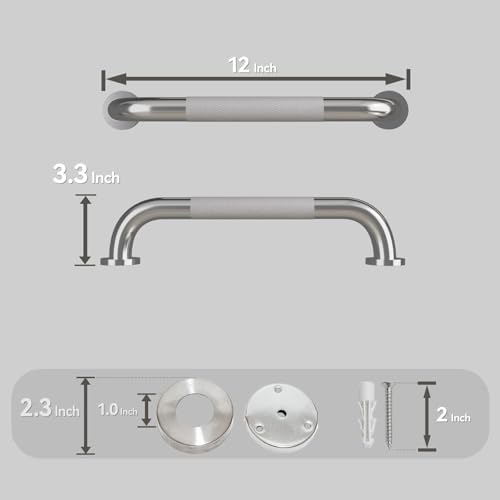 12 Inch Stainless Steel Shower & Bathtub Grab Bar, Anti-Slip Safety Handle with Knurled Grip, Heavy-Duty Wall-Mounted Bathroom Handrail for Elderly, Disabled, Pregnant, Brushed Nickel