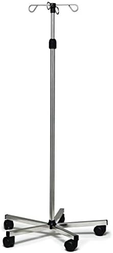 Lumex Deluxe Rolling IV Pole with 4 Hooks – Height-Adjustable Stainless Steel Infusion Stand with 5-Leg Base & Wheels
