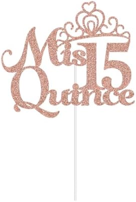 Mis Quince 15 Cake Topper, Feliz 15 Anos Birthday Cake Topper, Happy 15th Birthday Party Decorations Rose Gold Glitter