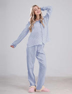 Womens Cotton Gauze Pajama Set Long Sleeve Button Up Shirt and Pants 2 Piece Cute Printed Pj Set