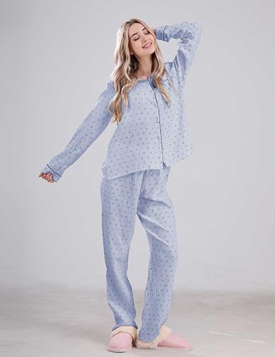 Womens Cotton Gauze Pajama Set Long Sleeve Button Up Shirt and Pants 2 Piece Cute Printed Pj Set