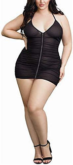 Plus Size Sheer Stretch Mesh Babydoll Dress Zipper Shirring Halter Chemise Curvy Sexy Lingerie for Women