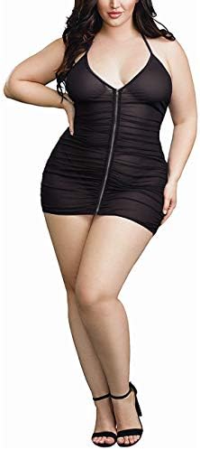 Plus Size Sheer Stretch Mesh Babydoll Dress Zipper Shirring Halter Chemise Curvy Sexy Lingerie for Women