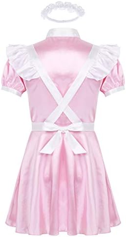 ACSUSS Men's Silk Satin Frilly Flutter French Maid Costume Dress Crossdress Pajamas Set